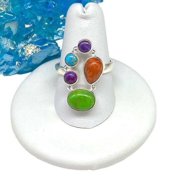 Kingman Blue Green Purple Copper Turquoise Ring Size 8 Solid 925 Sterling Silver - Picture 1 of 7